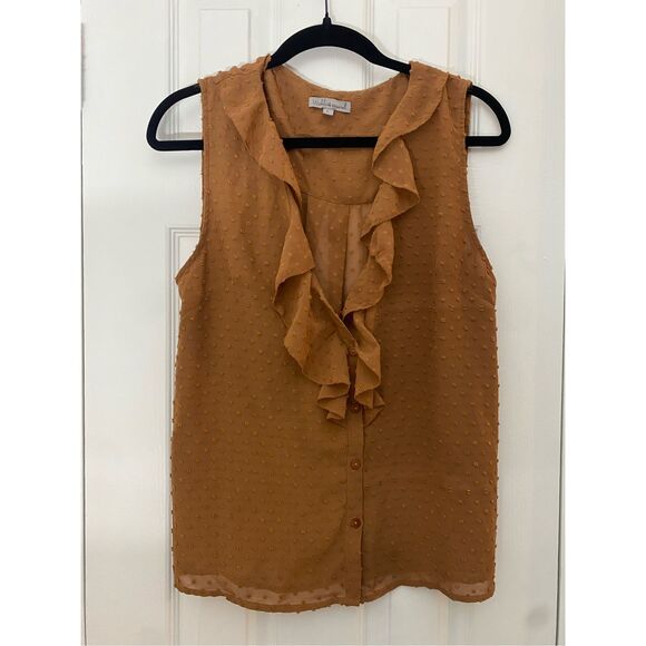Wishlist Apparel Ruffle Burnt Orange Dot Button Sleeveless Blouse, Size Large - Picture 13 of 15